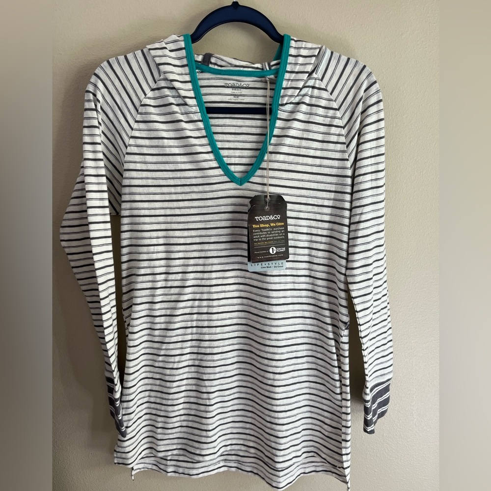 Toad&Co White and Black Striped V-Neck Hoodie with Teal Trim